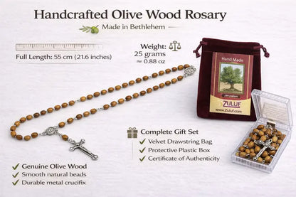 Olive wood rosary handmade in bethlehem – 21.6” catholic with metal crucifix includes velvet bag plastic gift box &