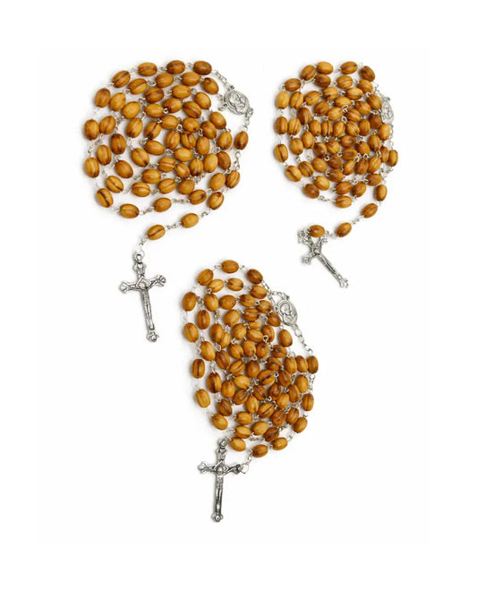 Olive wood rosary handmade in bethlehem – 23.6” catholic wooden with silver crucifix set of 3 or 6 includes velvet bags