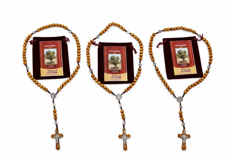 Olive wood rosary handmade in bethlehem – 45cm catholic with saint benedict medal natural beads includes velvet pouch &
