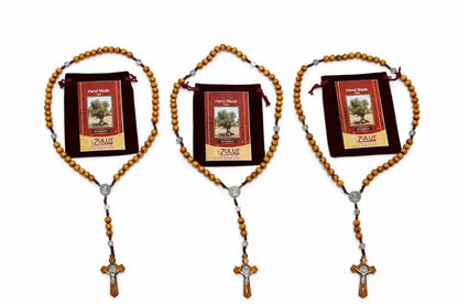 Olive wood rosary handmade in bethlehem – 45cm catholic with saint benedict medal natural beads includes velvet pouch &