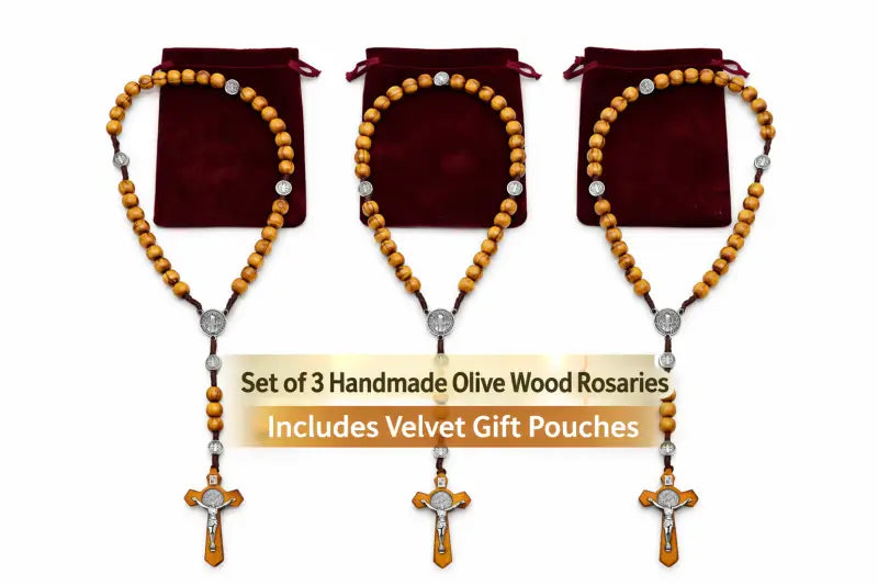 Olive wood rosary handmade in bethlehem – 45cm catholic with saint benedict medal natural beads includes velvet pouch &