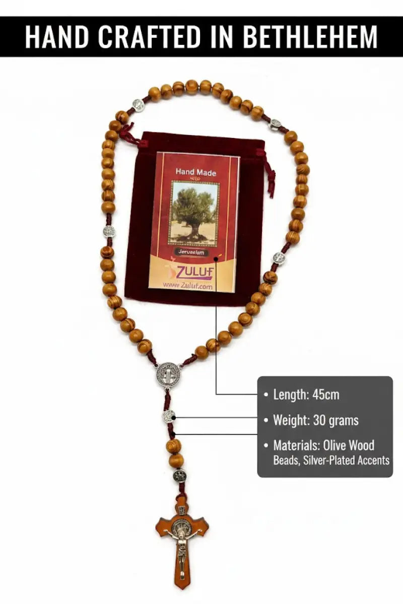 Olive wood rosary handmade in bethlehem – 45cm catholic with saint benedict medal natural beads includes velvet pouch &