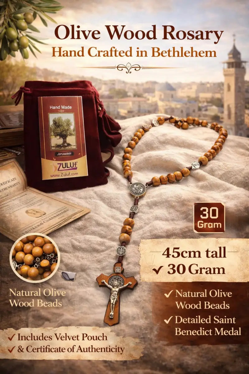 Olive wood rosary handmade in bethlehem – 45cm catholic with saint benedict medal natural beads includes velvet pouch &