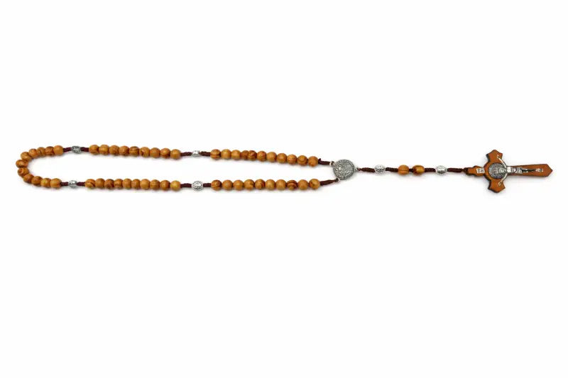 Olive wood rosary handmade in bethlehem – 45cm catholic with saint benedict medal natural beads includes velvet pouch &