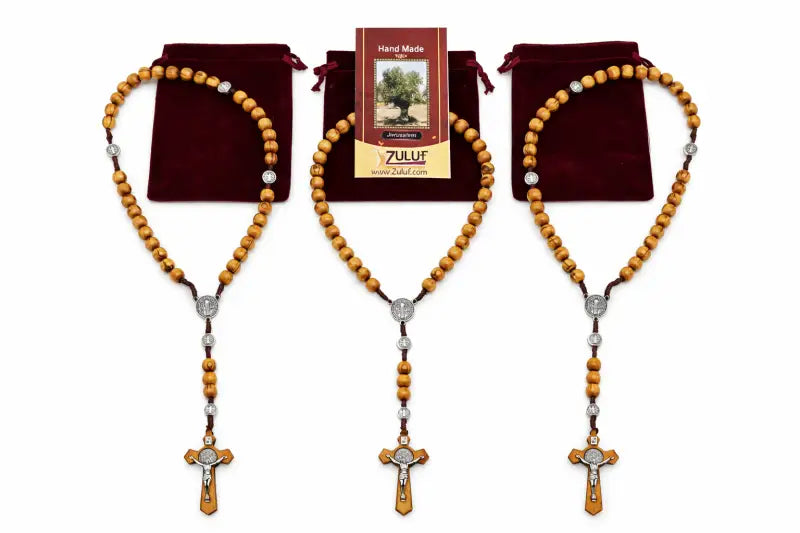 Olive wood rosary handmade in bethlehem – 45cm catholic with saint benedict medal natural beads includes velvet pouch &
