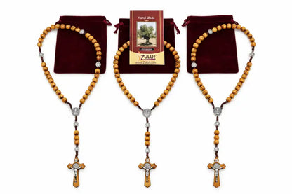 Olive wood rosary handmade in bethlehem – 45cm catholic with saint benedict medal natural beads includes velvet pouch &
