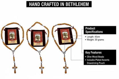 Olive wood rosary handmade in bethlehem – 45cm catholic with saint benedict medal natural beads includes velvet pouch &
