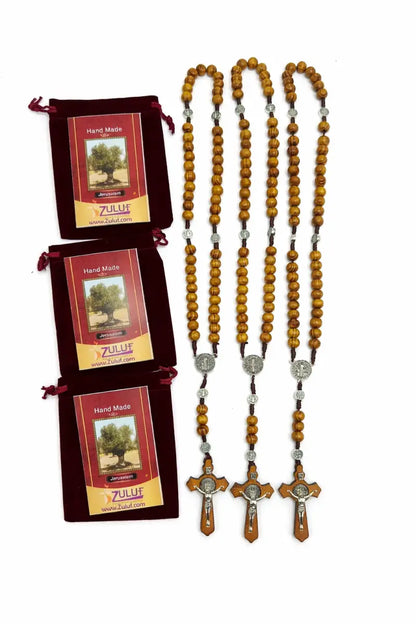 Olive wood rosary handmade in bethlehem – 45cm catholic with saint benedict medal natural beads includes velvet pouch &