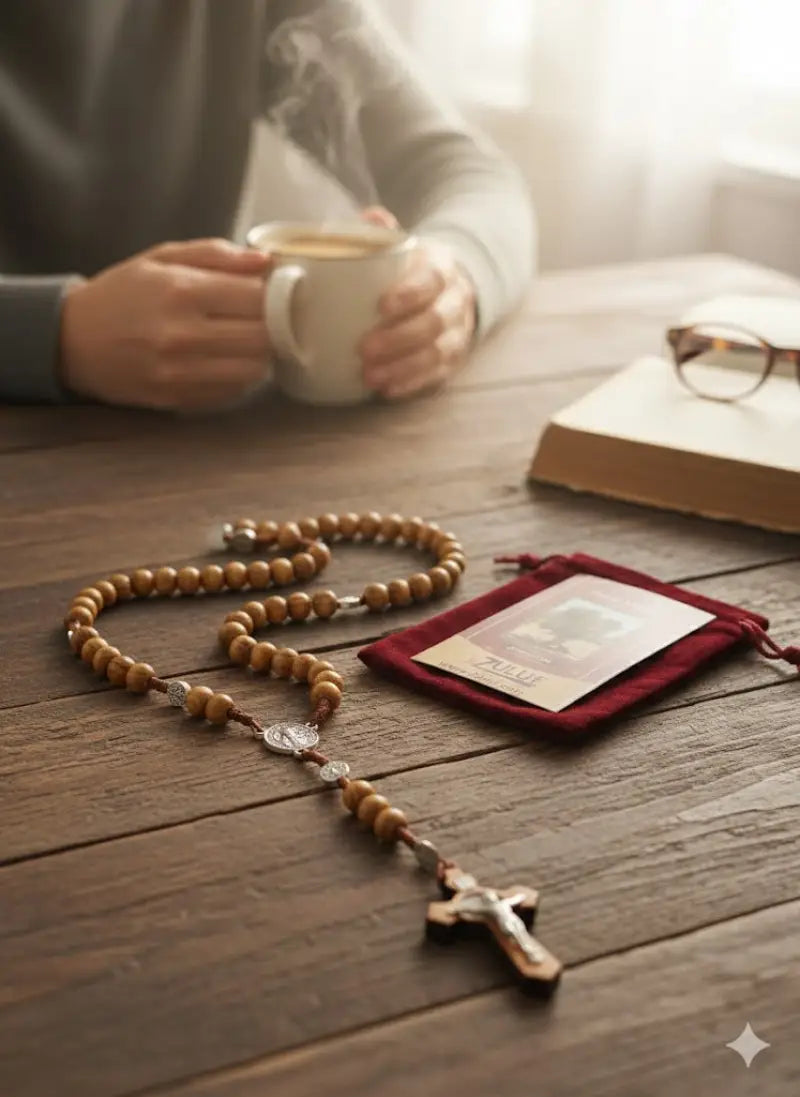 Olive wood rosary handmade in bethlehem – 45cm catholic with saint benedict medal natural beads includes velvet pouch &