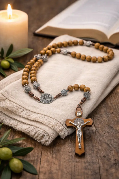 Olive wood rosary handmade in bethlehem – 45cm catholic with saint benedict medal natural beads includes velvet pouch &