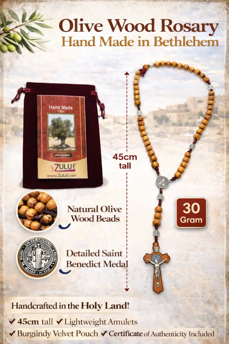 Olive wood rosary handmade in bethlehem – 45cm catholic with saint benedict medal natural beads includes velvet pouch &
