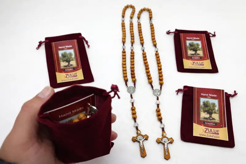 Olive wood rosary handmade in bethlehem – 45cm catholic with saint benedict medal natural beads includes velvet pouch &