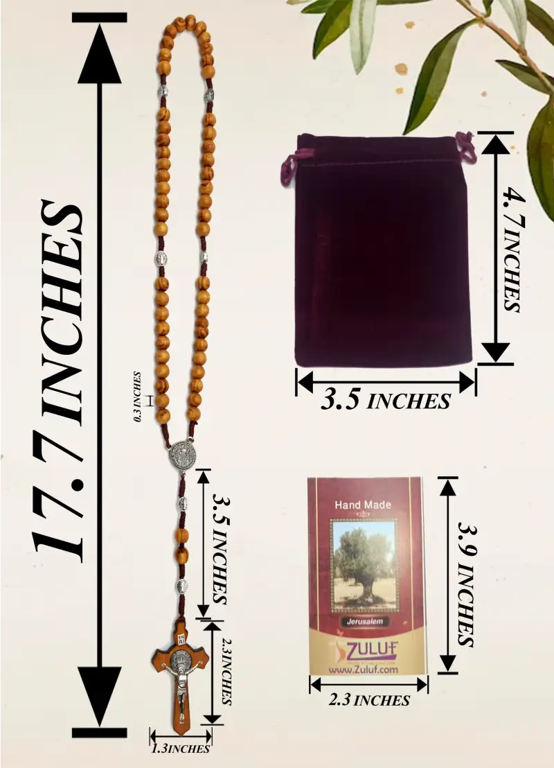 Olive wood rosary handmade in bethlehem – 45cm catholic with saint benedict medal natural beads includes velvet pouch &