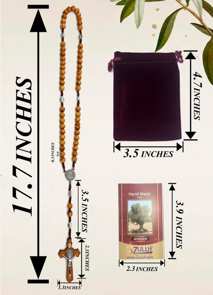 Olive wood rosary handmade in bethlehem – 45cm catholic with saint benedict medal natural beads includes velvet pouch &