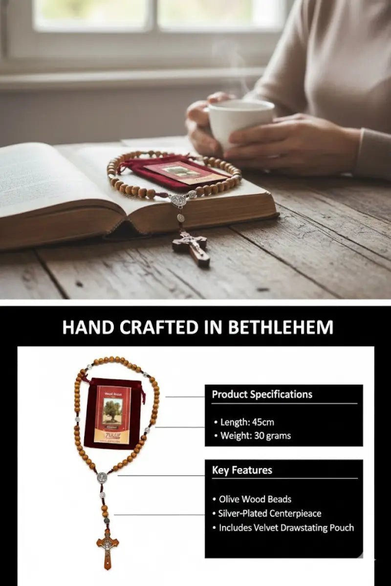 Olive wood rosary handmade in bethlehem – 45cm catholic with saint benedict medal natural beads includes velvet pouch &