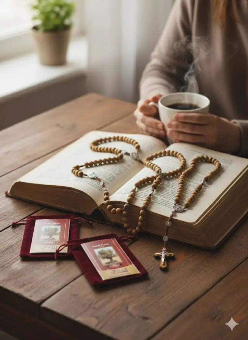 Olive wood rosary handmade in bethlehem – 45cm catholic with saint benedict medal natural beads includes velvet pouch &