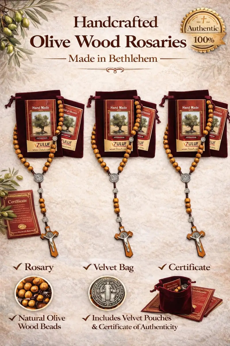Olive wood rosary handmade in bethlehem – 45cm catholic with saint benedict medal natural beads includes velvet pouch &