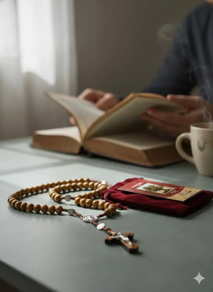 Olive wood rosary handmade in bethlehem – 45cm catholic with saint benedict medal natural beads includes velvet pouch &
