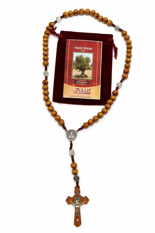 Olive wood rosary handmade in bethlehem – 45cm catholic with saint benedict medal natural beads includes velvet pouch &
