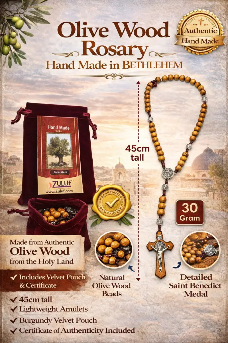Olive wood rosary handmade in bethlehem – 45cm catholic with saint benedict medal natural beads includes velvet pouch &