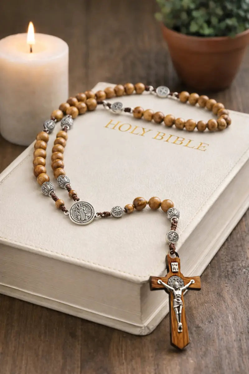 Olive wood rosary handmade in bethlehem – 45cm catholic with saint benedict medal natural beads includes velvet pouch &