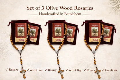 Olive wood rosary handmade in bethlehem – 45cm catholic with saint benedict medal natural beads includes velvet pouch &