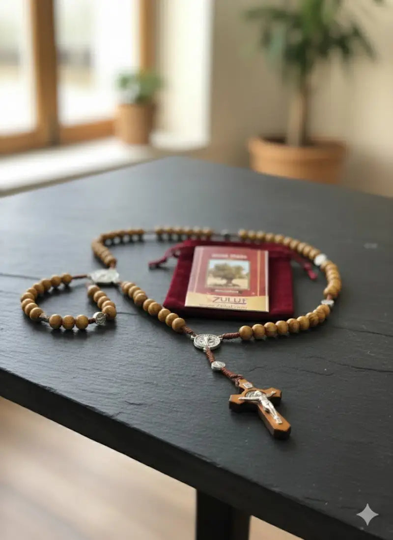 Olive wood rosary handmade in bethlehem – 45cm catholic with saint benedict medal natural beads includes velvet pouch &
