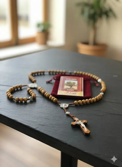 Olive wood rosary handmade in bethlehem – 45cm catholic with saint benedict medal natural beads includes velvet pouch &
