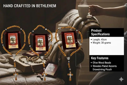 Olive wood rosary handmade in bethlehem – 45cm catholic with saint benedict medal natural beads includes velvet pouch &
