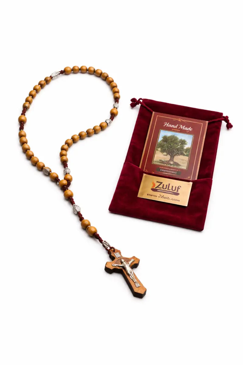 Olive wood rosary handmade in bethlehem – 45cm catholic with saint benedict medal natural beads includes velvet pouch &