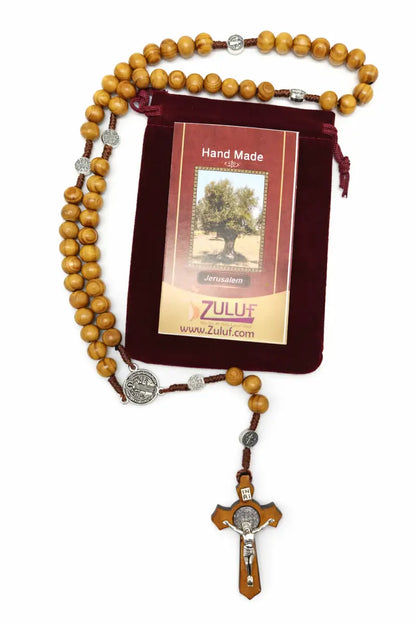 Olive wood rosary handmade in bethlehem – 45cm catholic with saint benedict medal natural beads includes velvet pouch &