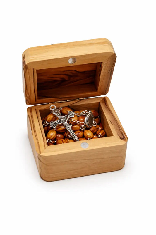 Olive wood rosary with handmade storage box catholic prayer beads crucifix & center medal red velvet lined holy land