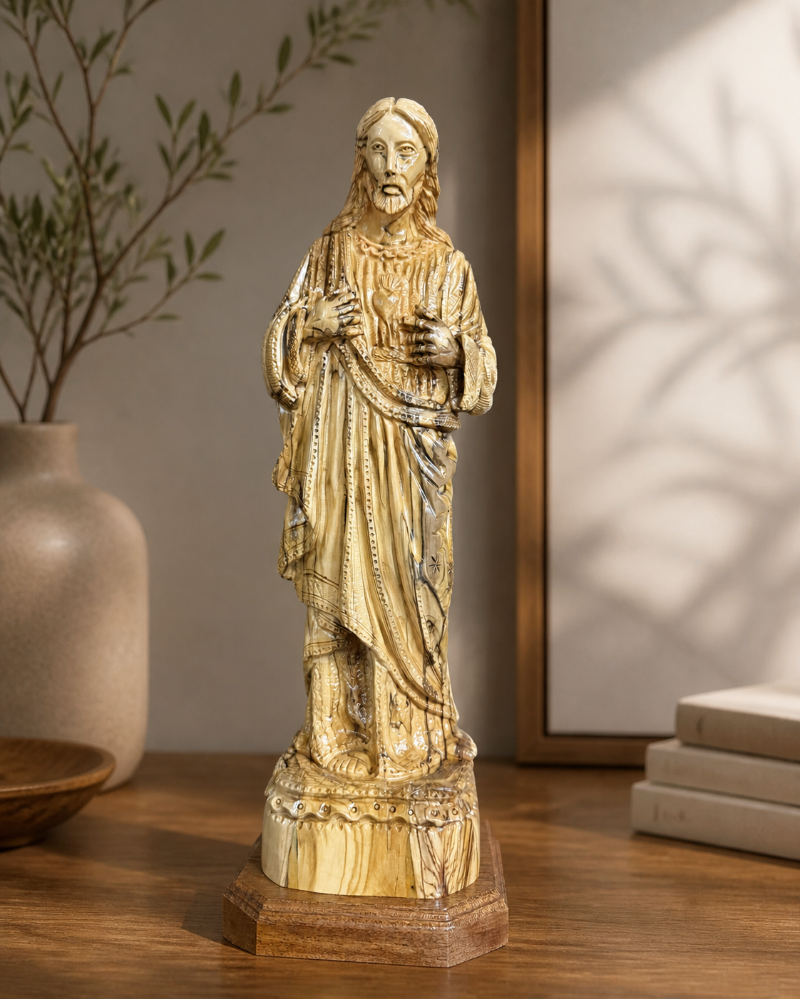 Sacred Heart of Jesus statue displayed with warm home decor and natural light