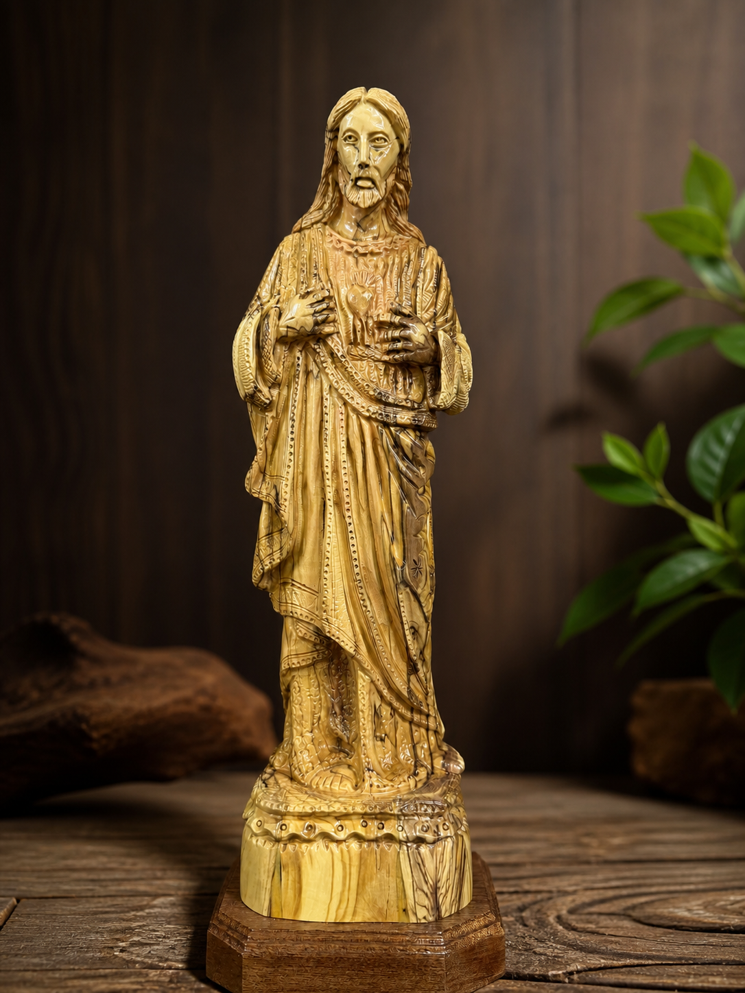 Olive wood Jesus statue photographed against a dark wood background