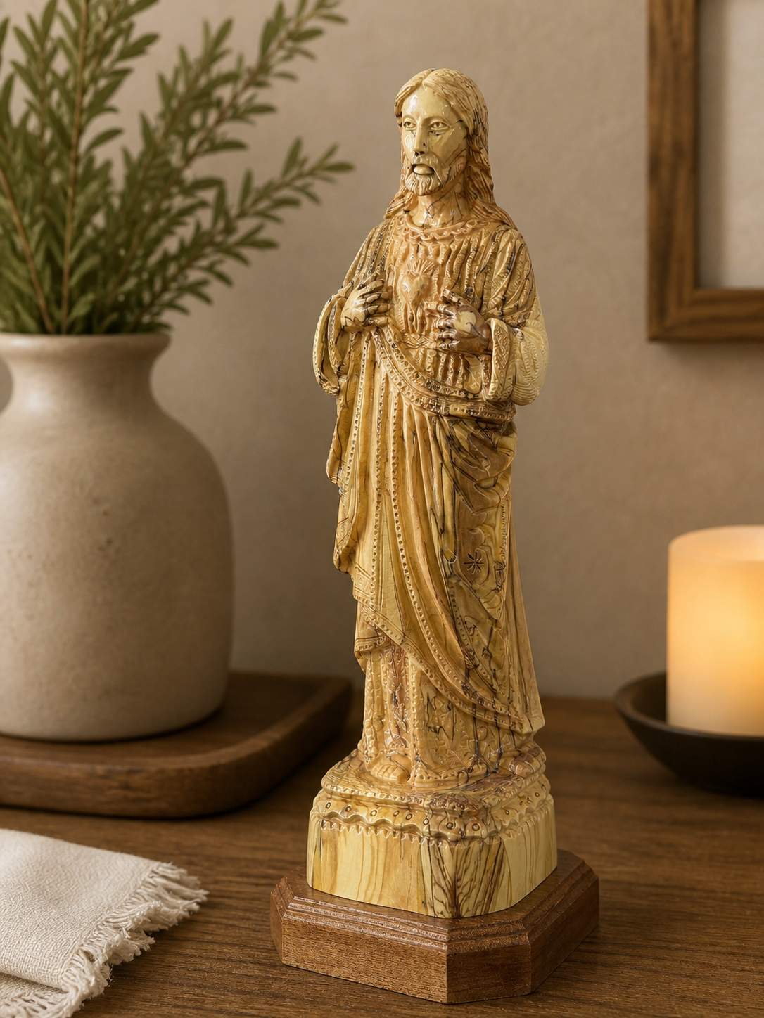 Sacred Heart olive wood statue presented beside devotional home objects