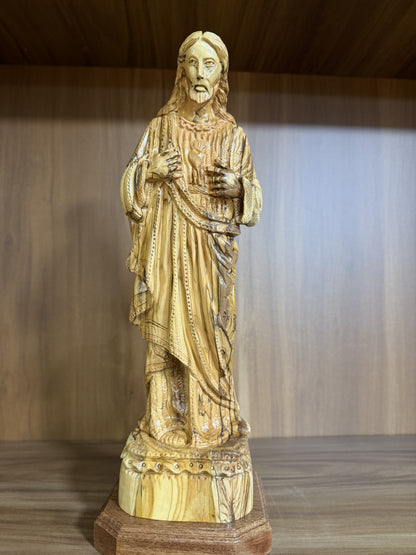 Workshop front view of the Sacred Heart of Jesus olive wood carving