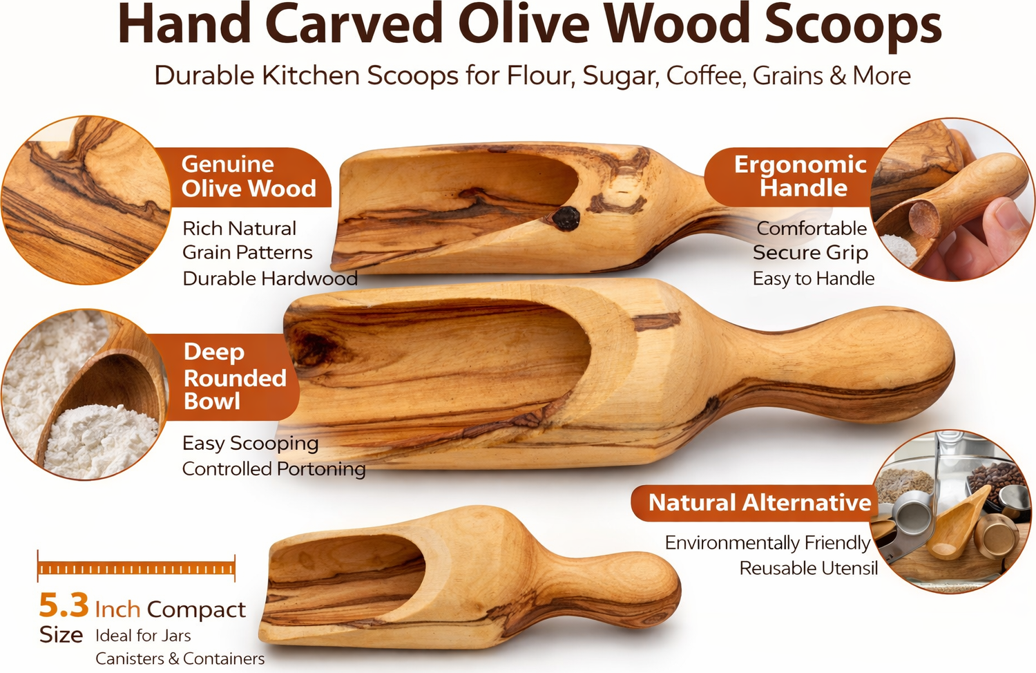 Handmade olive wood spice scoop from Bethlehem grain detail from Bethlehem Holy Land