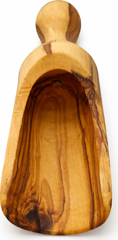 Handmade olive wood spice scoop from Bethlehem, main product photo, hand carved Christian artisan workshop