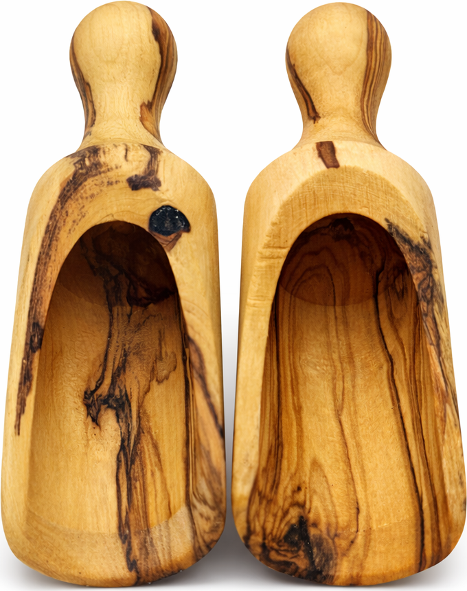 Handmade olive wood spice scoop from Bethlehem, main product photo, hand carved Christian artisan workshop