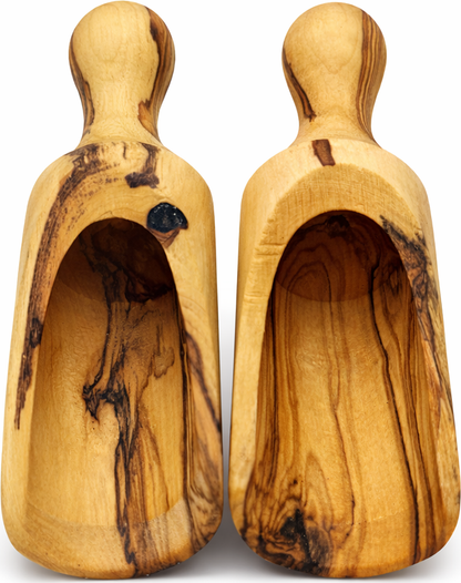 Handmade olive wood spice scoop from Bethlehem, main product photo, hand carved Christian artisan workshop