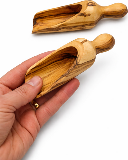 Handmade olive wood spice scoop from Bethlehem side angle from Bethlehem Holy Land