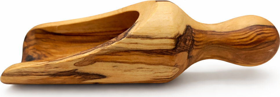 Handmade olive wood spice scoop from Bethlehem top view from Bethlehem Holy Land