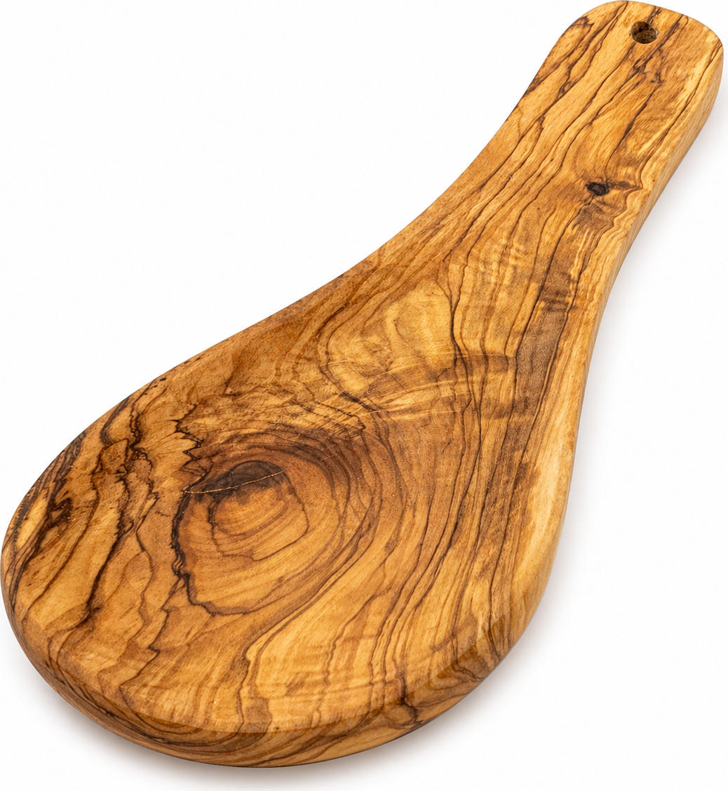 Handmade olive wood spoon rest from Bethlehem, main product photo, hand carved Christian artisan workshop