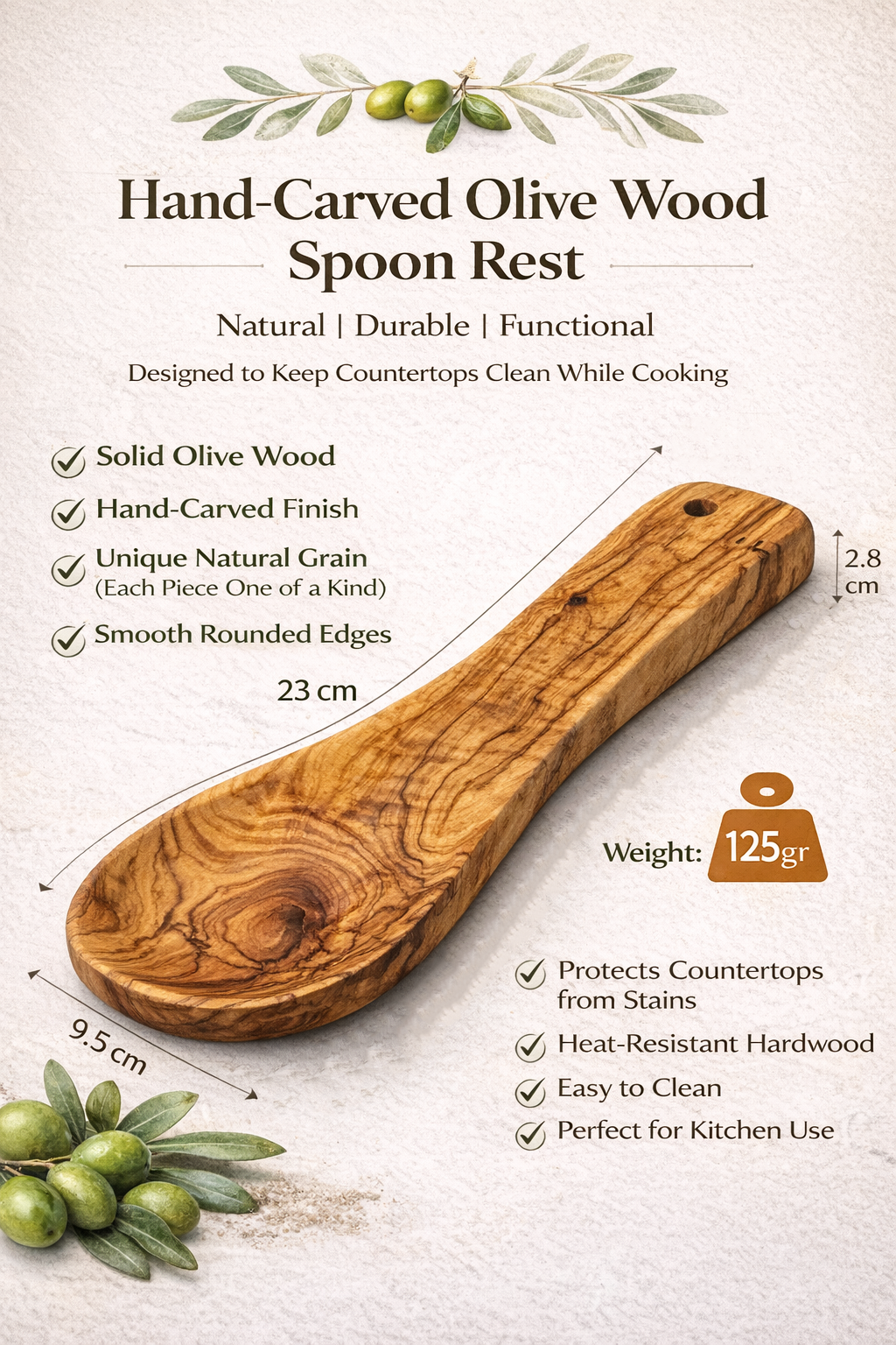 Handmade olive wood spoon rest from Bethlehem side angle from Bethlehem Holy Land