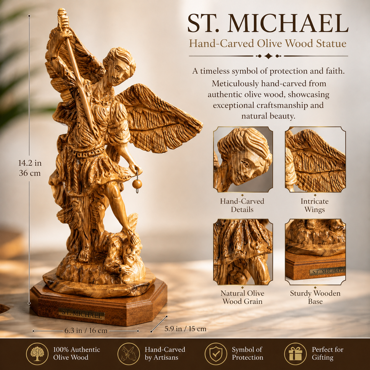 Hand-carved St. Michael olive wood statue from Bethlehem with detailed wings, natural grain and wooden base