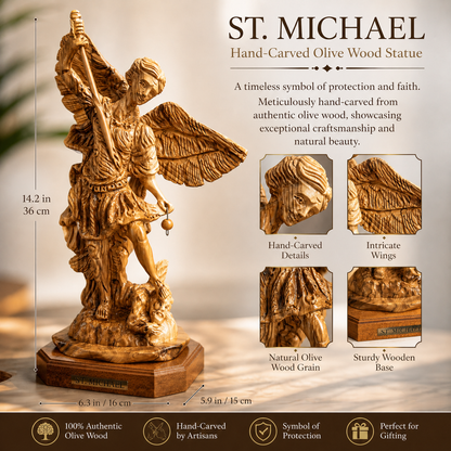 Hand-carved St. Michael olive wood statue from Bethlehem with detailed wings, natural grain and wooden base