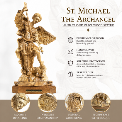 St. Michael the Archangel olive wood sculpture showing the carved face, wings, armor and engraved base