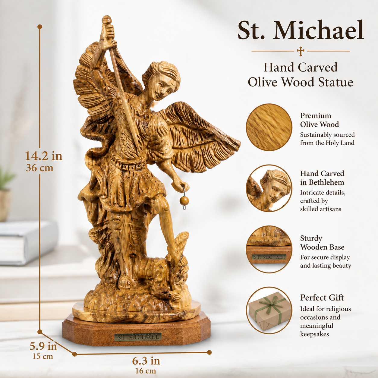 Bethlehem olive wood St. Michael statue size guide showing 36 cm height, 16 cm width and 15 cm depth