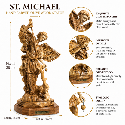 St. Michael olive wood angel statue with close views of the carving, grain, base and symbolic orb detail