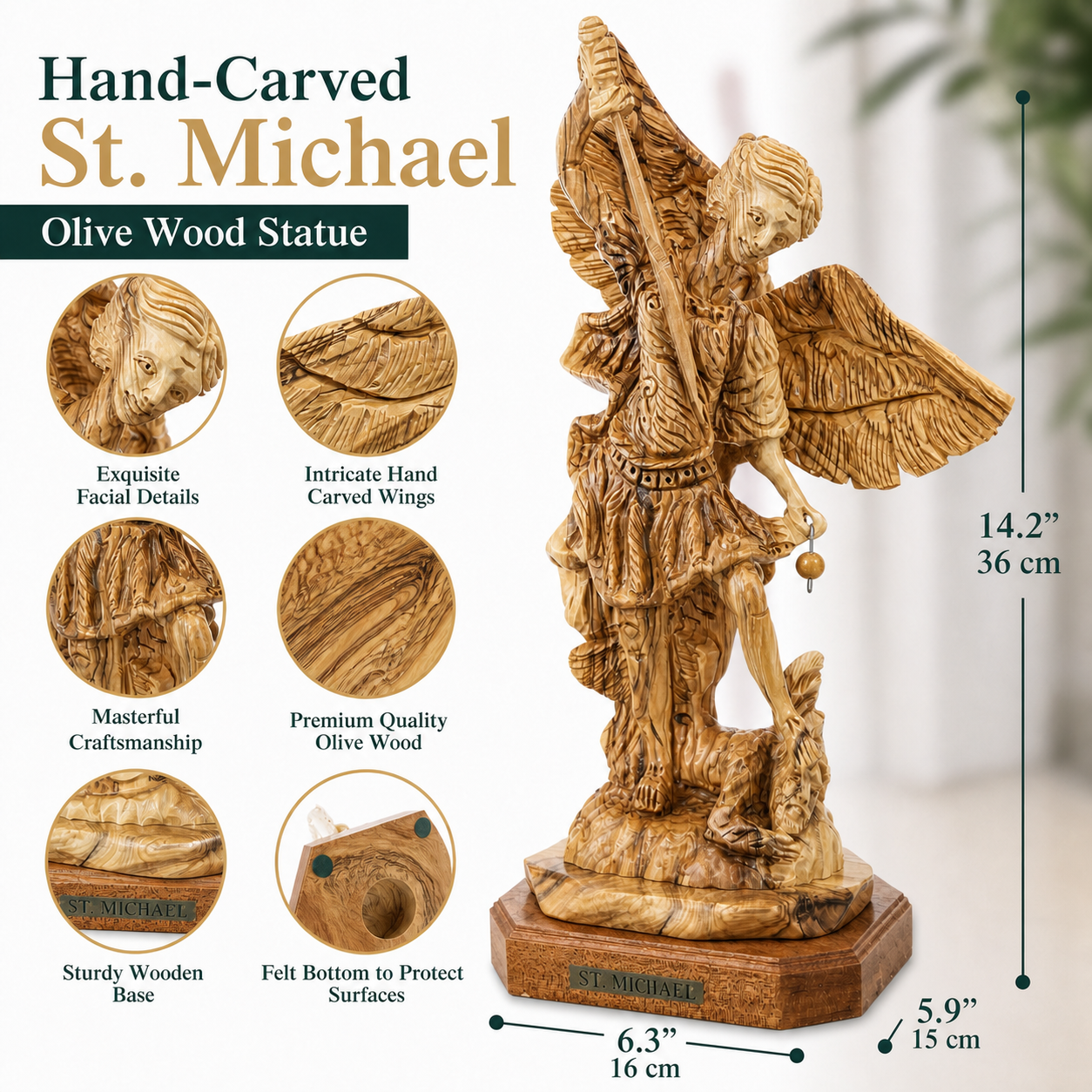 Hand-carved St. Michael statue in olive wood with facial details, feathered wings and protective felt base